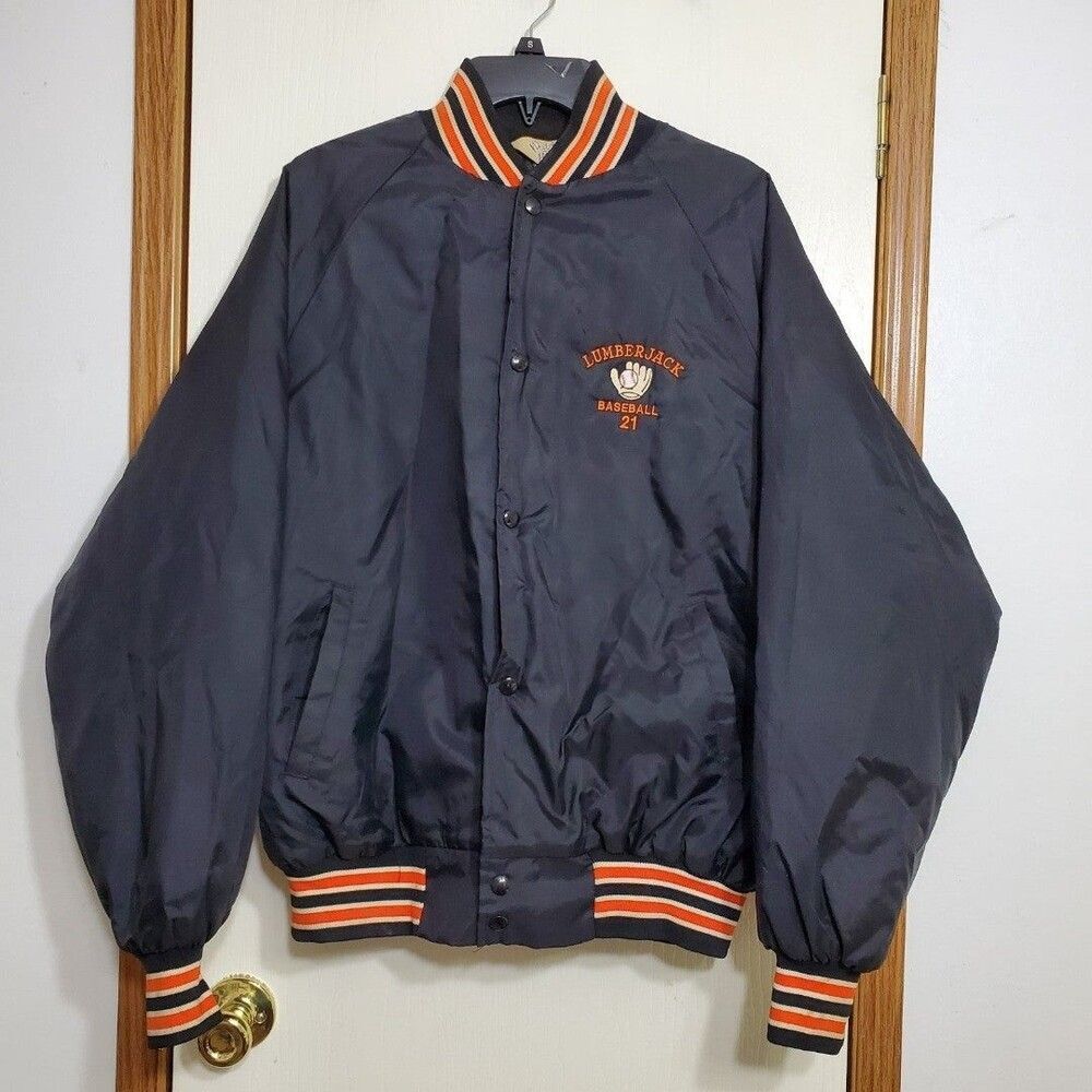 West Ark Satin Jacket 1980 Black Embroidered Warren Lumberjack Baseball 21 Logo